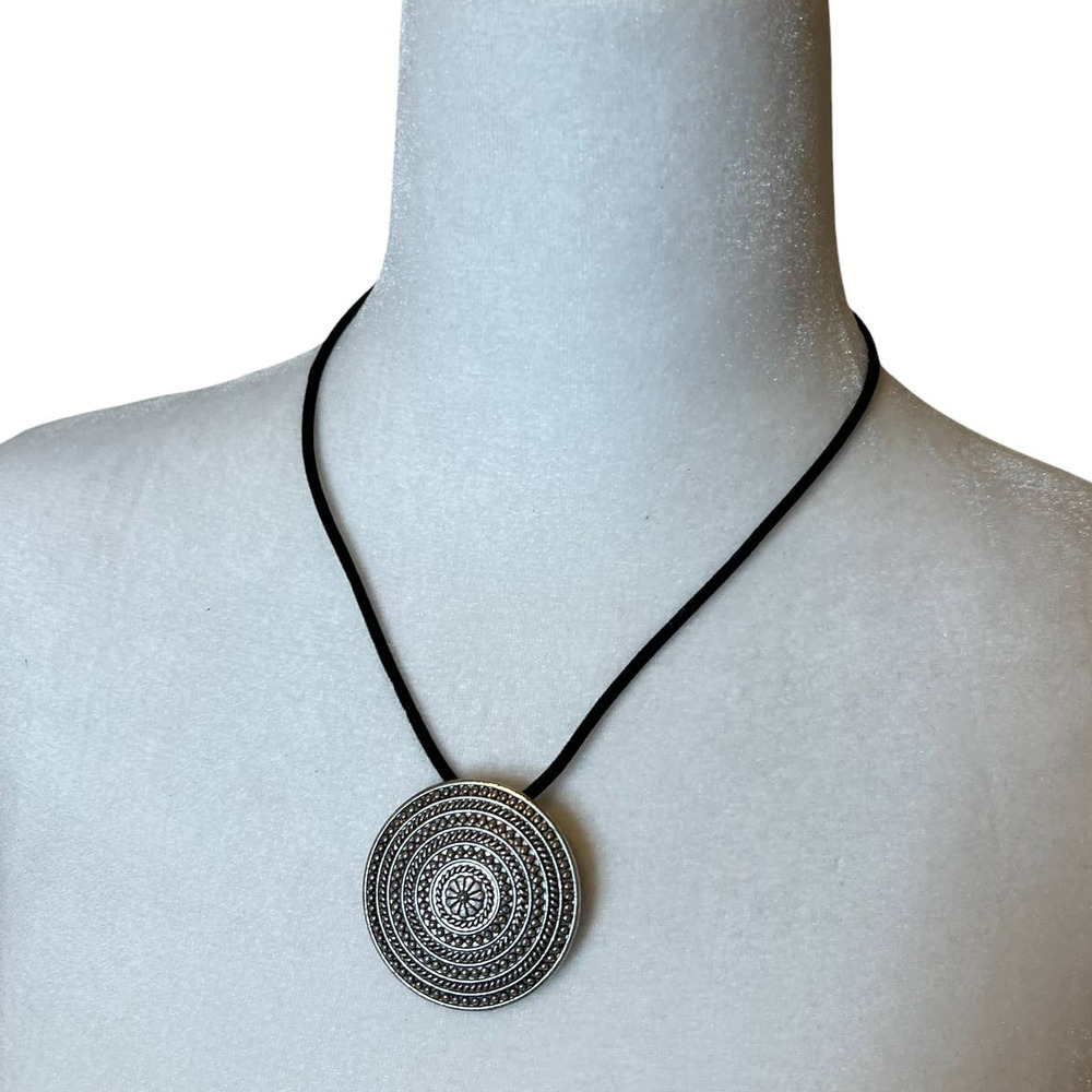 Gold Tone Large Medallion Black Cord Adjustable Necklace 18" - 20" inches